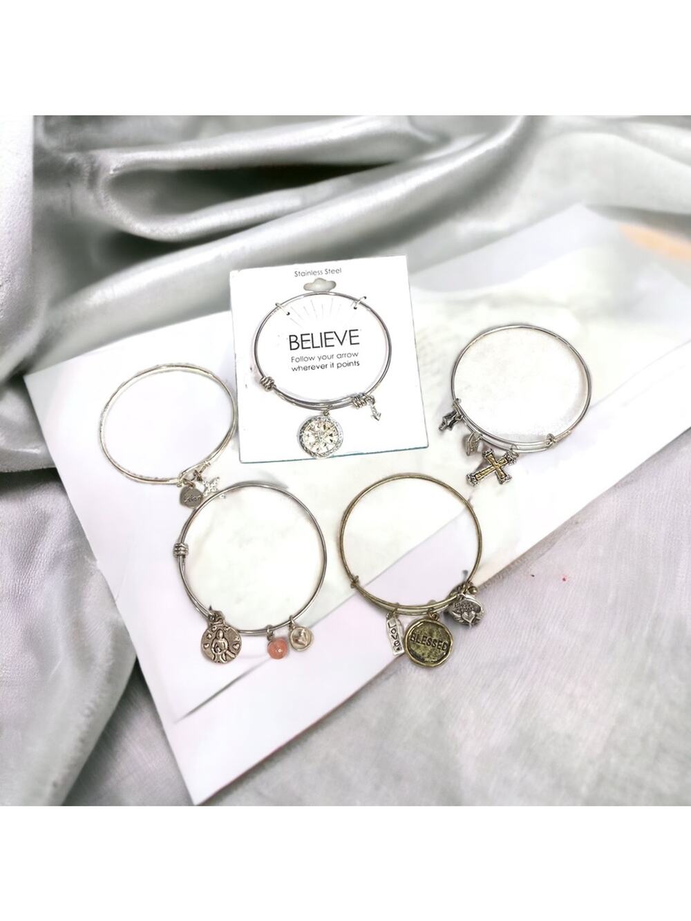 Bundle of 5 adjustable bangle bracelets inspirational religious charms beaded